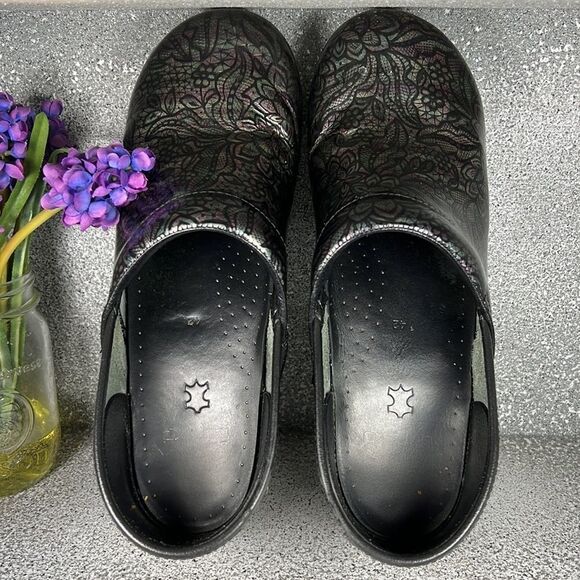 Dansko Leather Metallic Floral Clogs Mules Professional Shoes EU 42 US 11.5 - Picture 7 of 9
